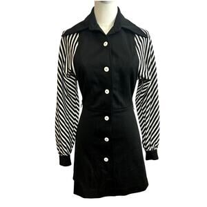 Vtg 70s Diolen LOFT West Germany Black White Striped Mini Dress Disco Collar M